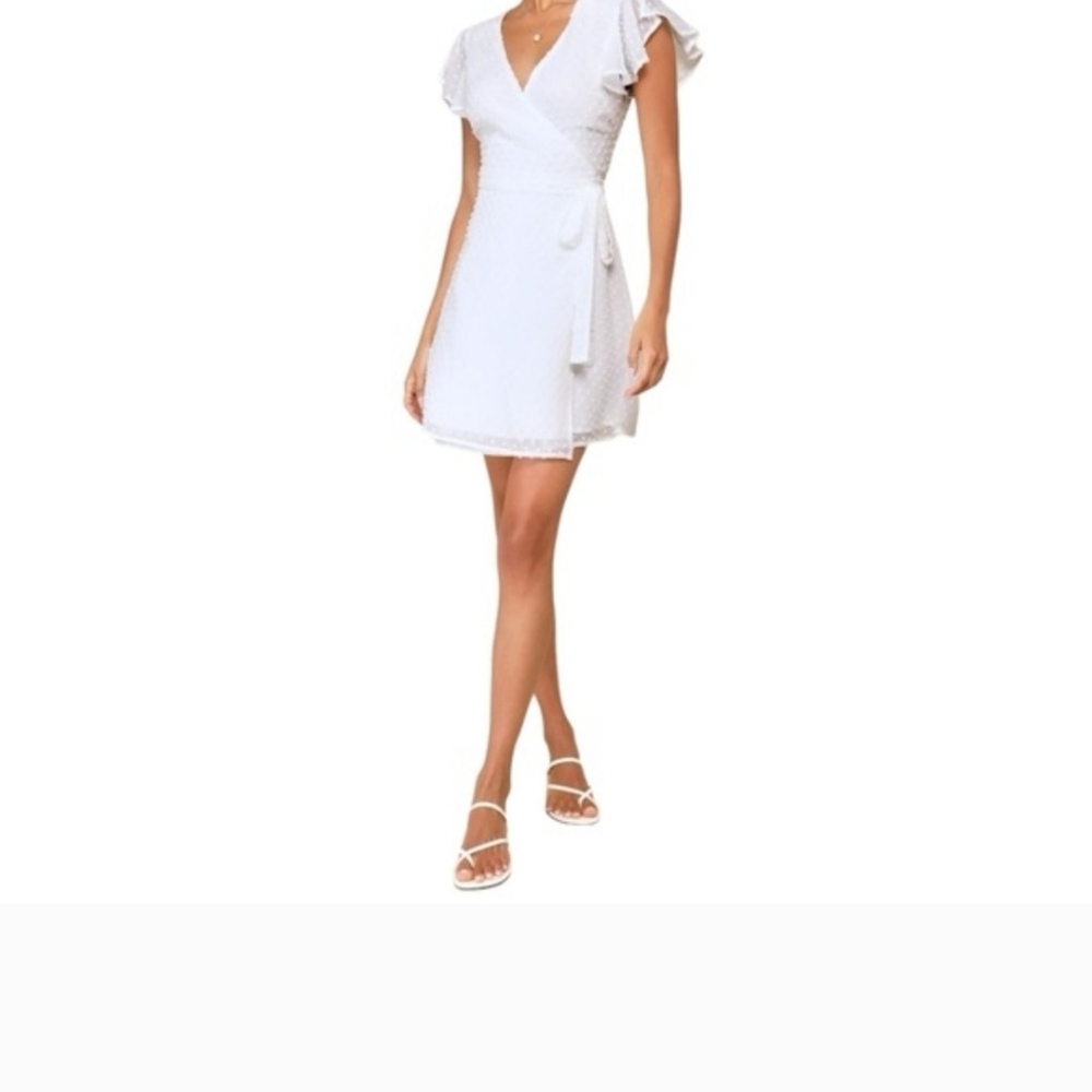 Lulu's - White Swiss Dot Flutter Sleeve Wrap Mini Dress. Size XL. NWT! - Picture 4 of 8